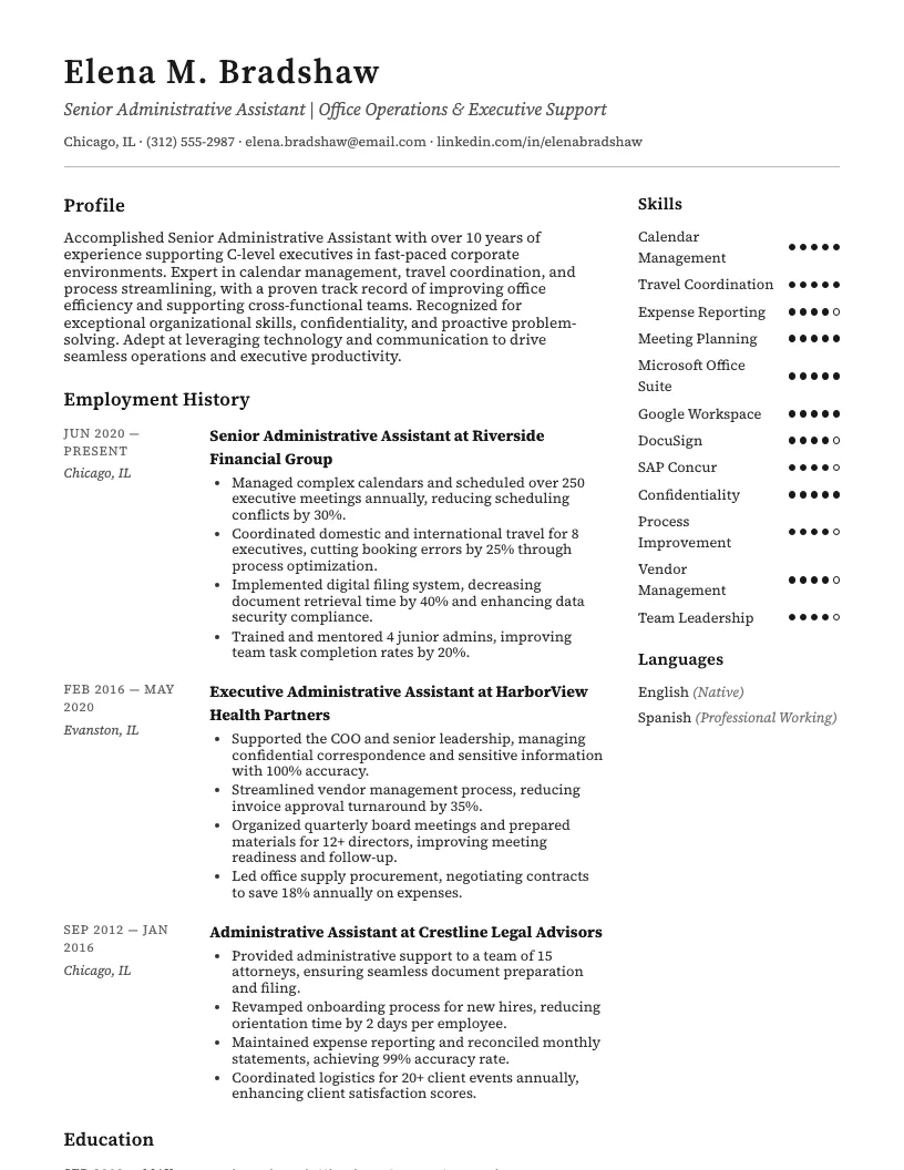 Senior Administrative Assistant Resume Example
