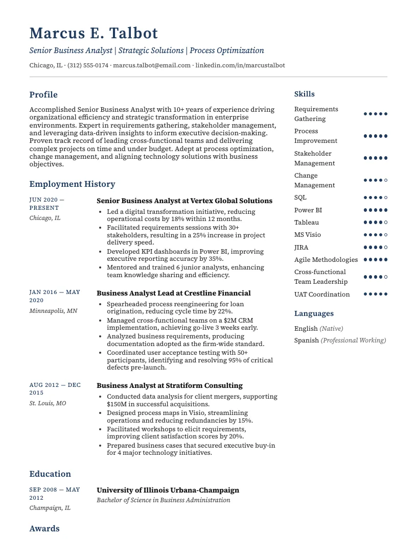 Senior Business Analyst Resume Example