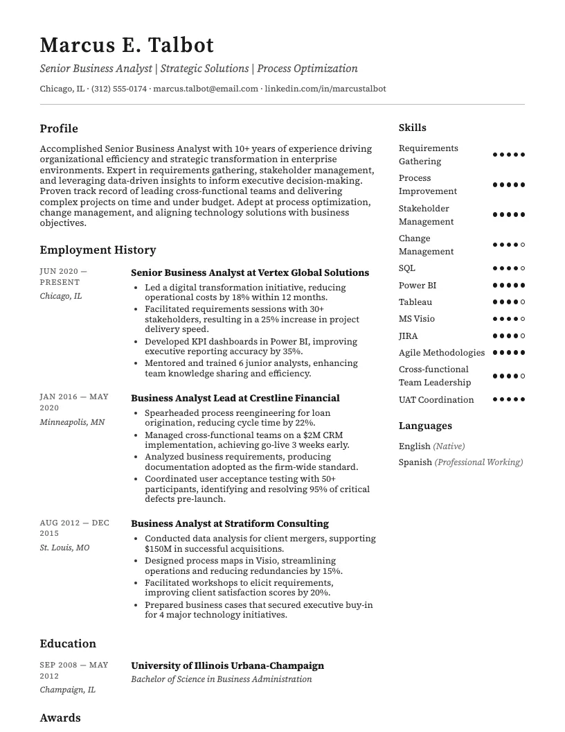 Senior Business Analyst Resume Example