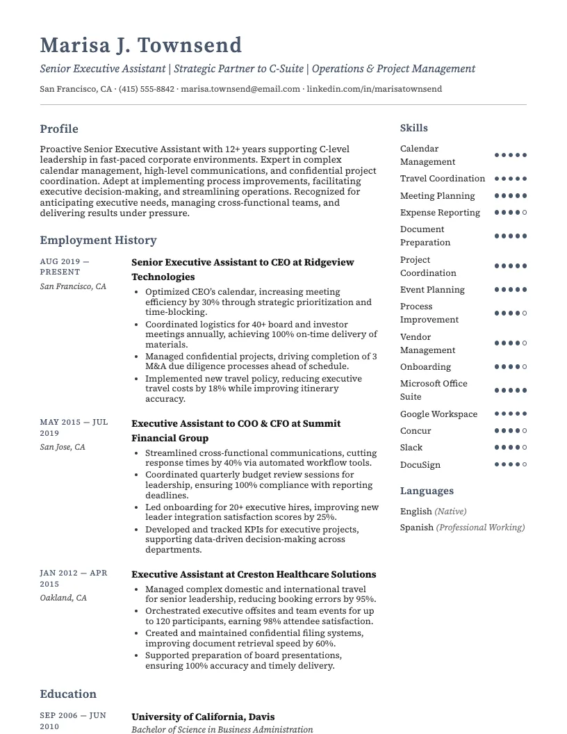 Senior Executive Assistant Resume Example