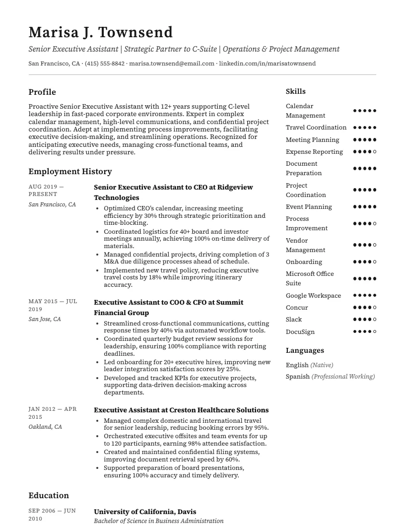 Senior Executive Assistant Resume Example