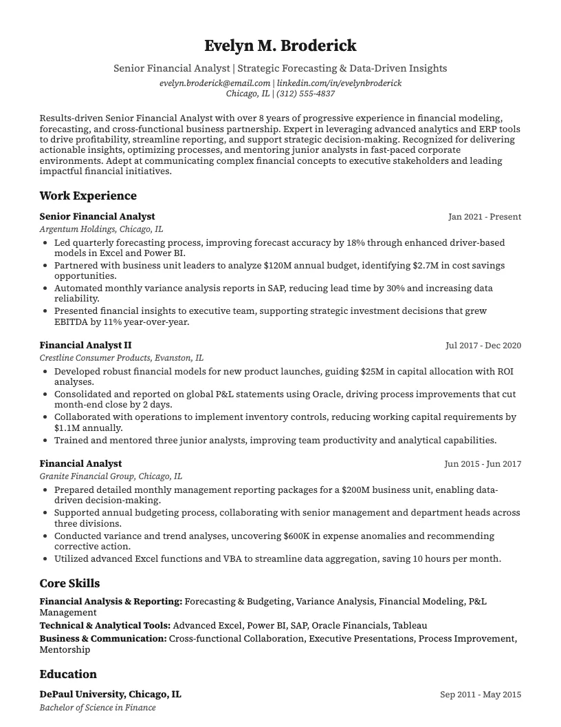Senior Finance Analyst Resume Example