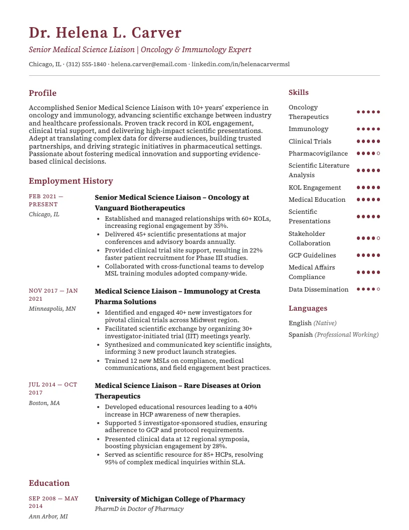 Oncology Medical Science Liaison Resume Example