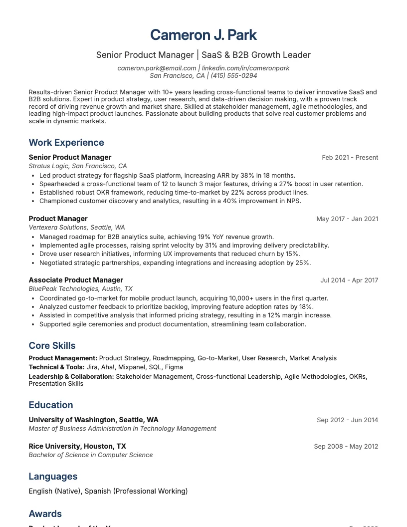 Senior Product Manager Resume Example