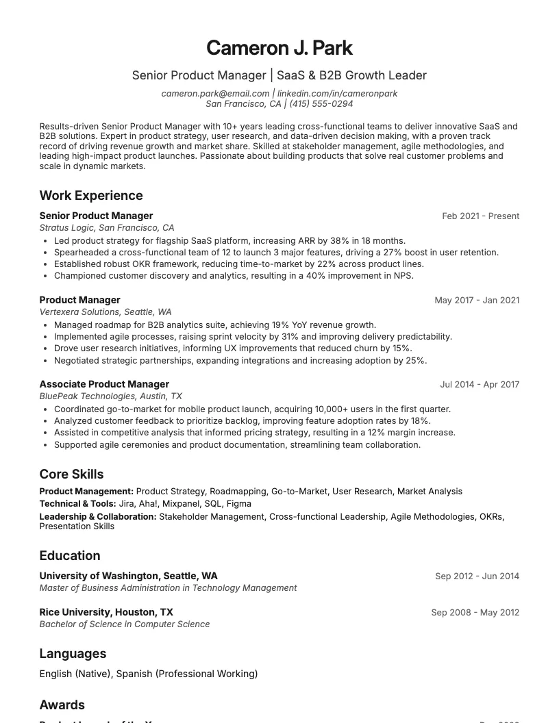 Senior Product Manager Resume Example