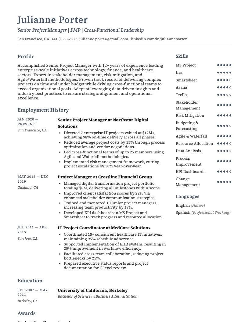 Senior Project Manager Resume Example