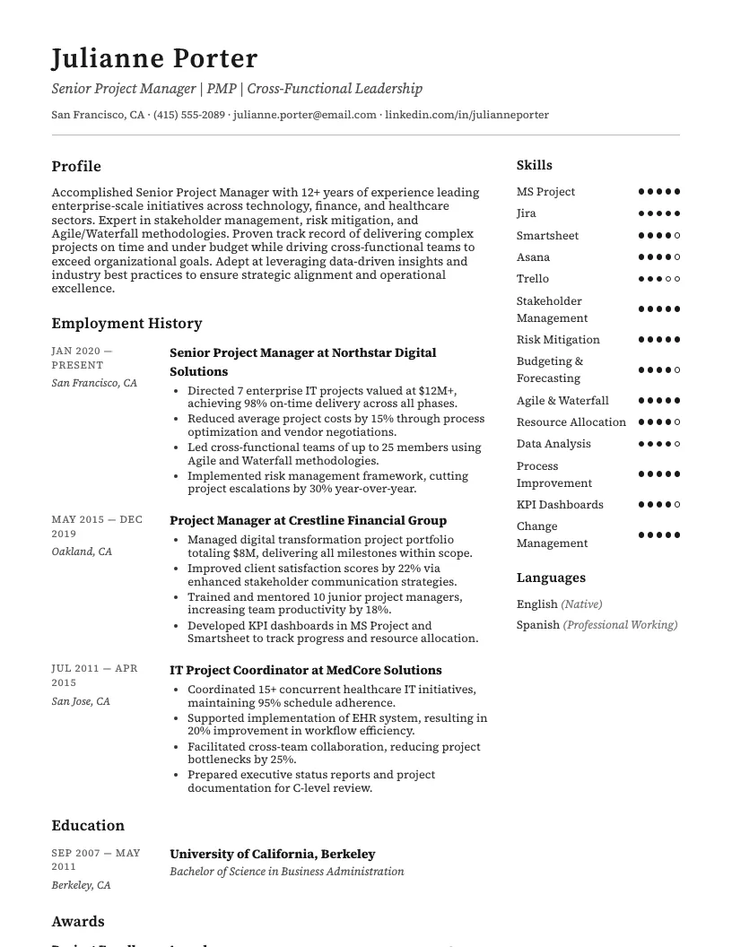 Senior Project Manager Resume Example