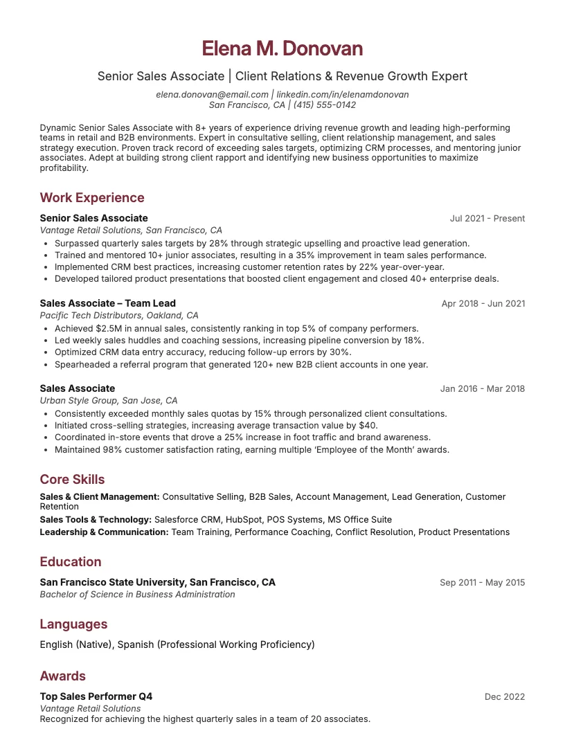 Senior Sales Associate Resume Example