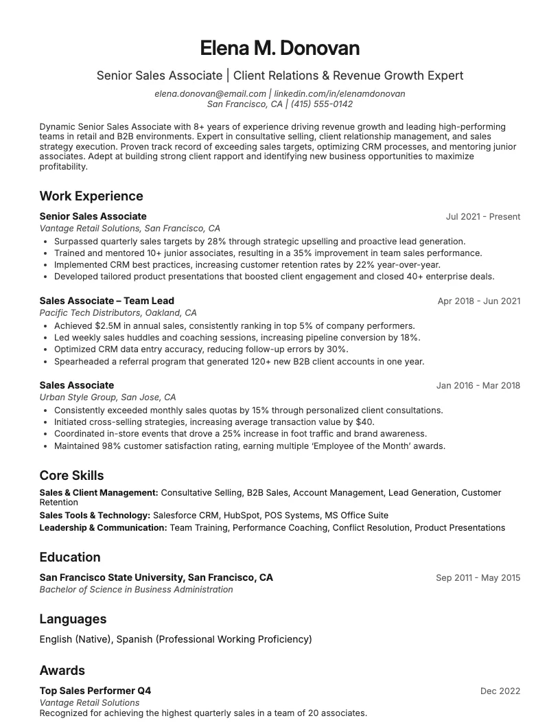 Senior Sales Associate Resume Example