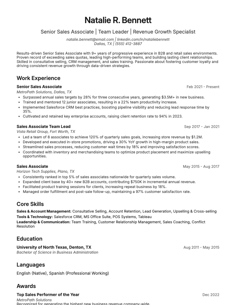 Senior Sales Associates Resume Example