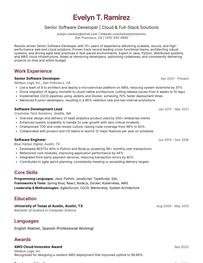 Senior Software Developer Resume Example