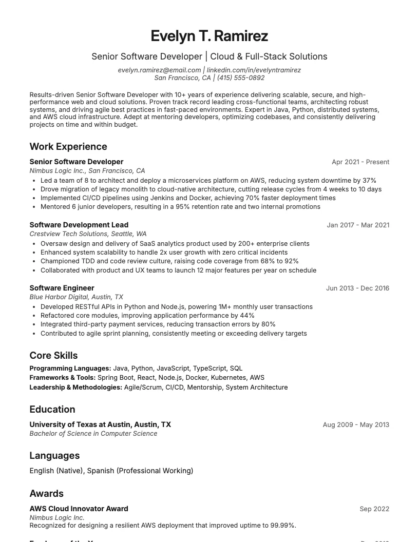 Senior Software Developer Resume Example