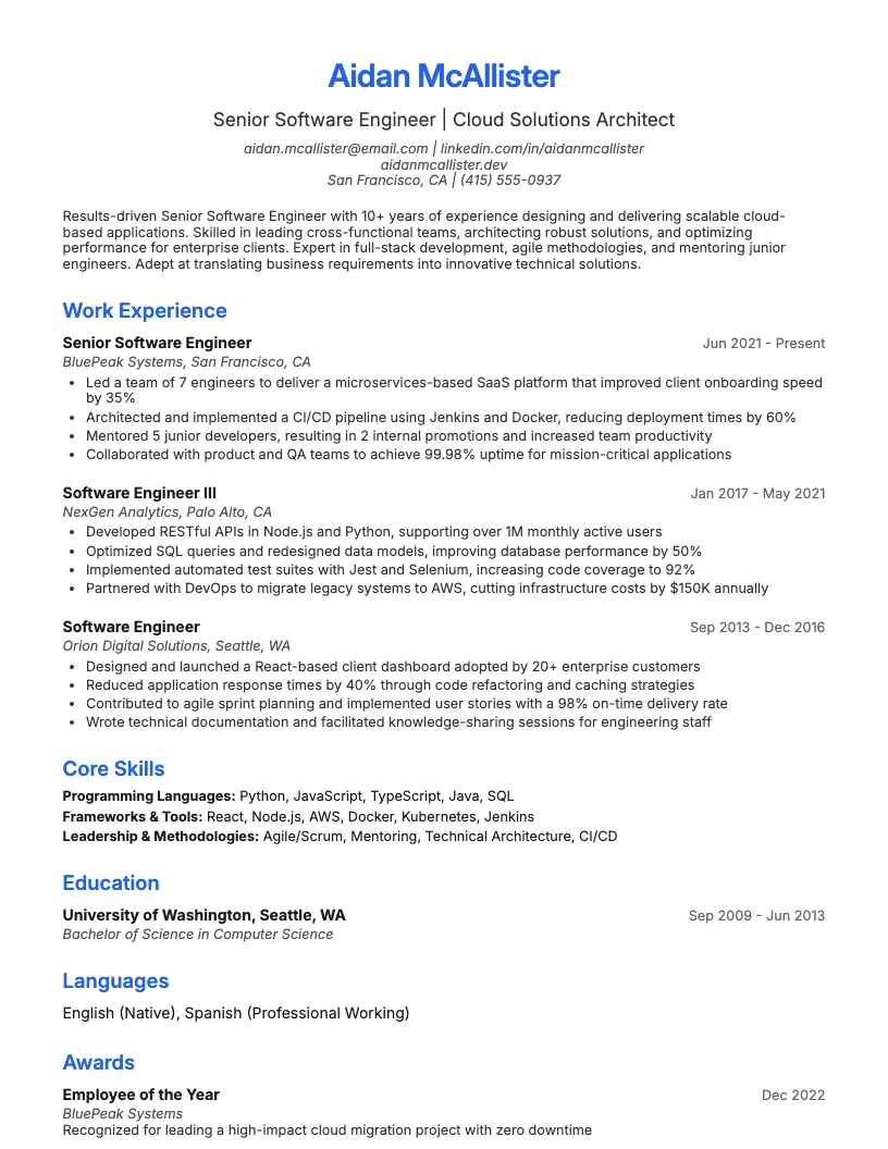 Senior Software Engineer Resume Example