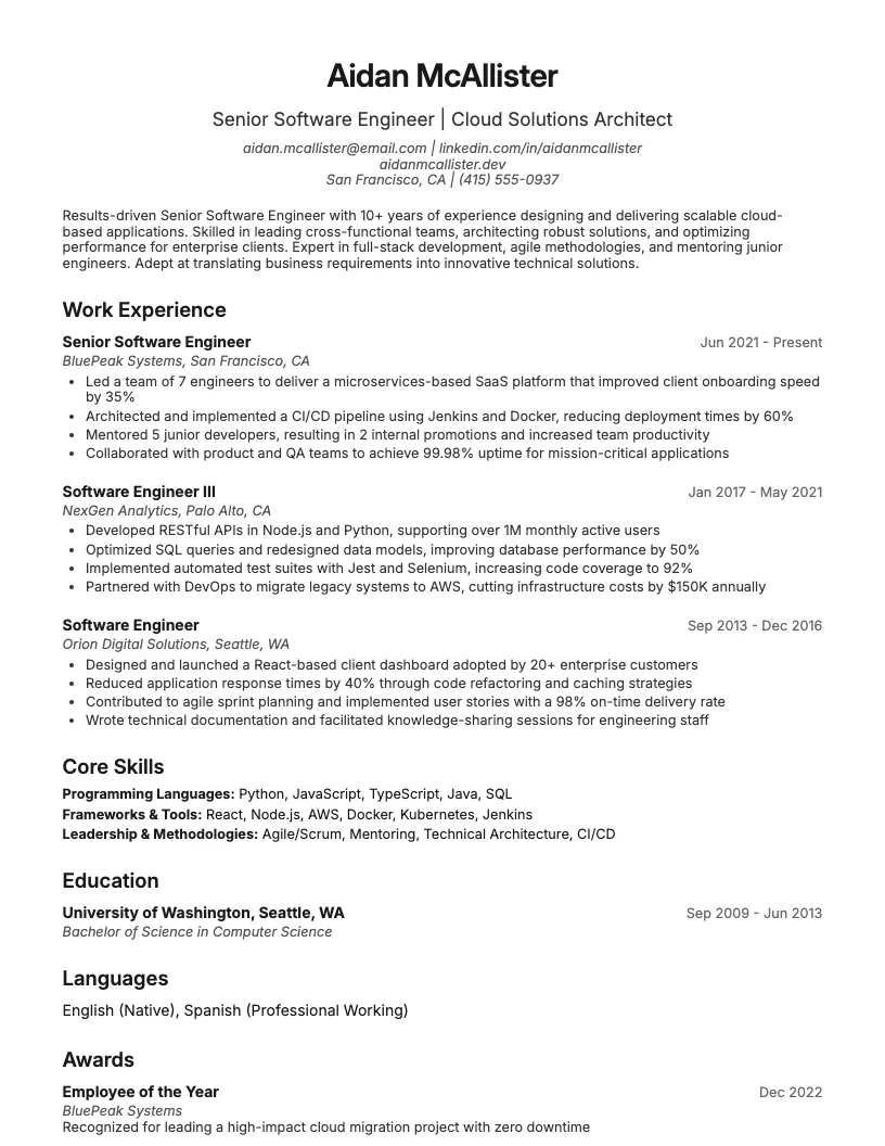 Senior Software Engineer Resume Example
