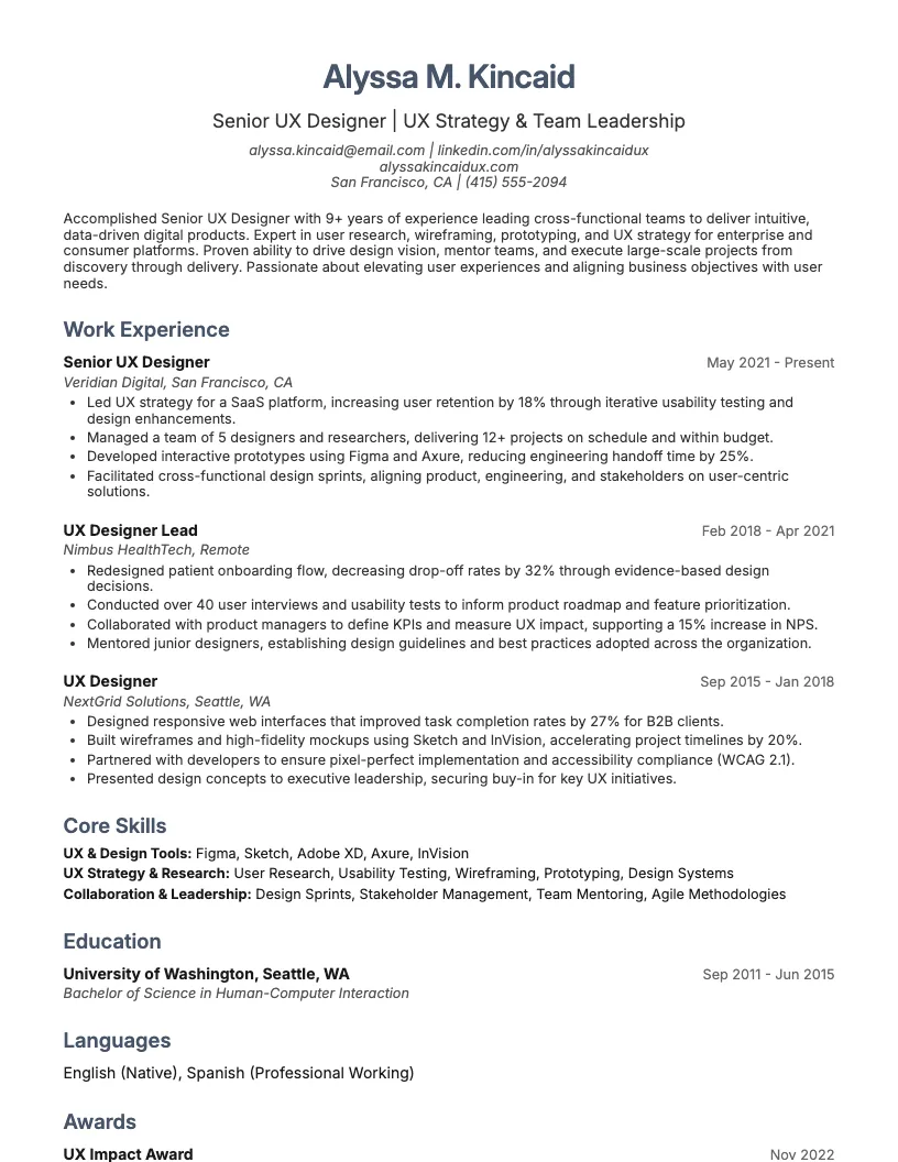 Senior Ux Designer Resume Example