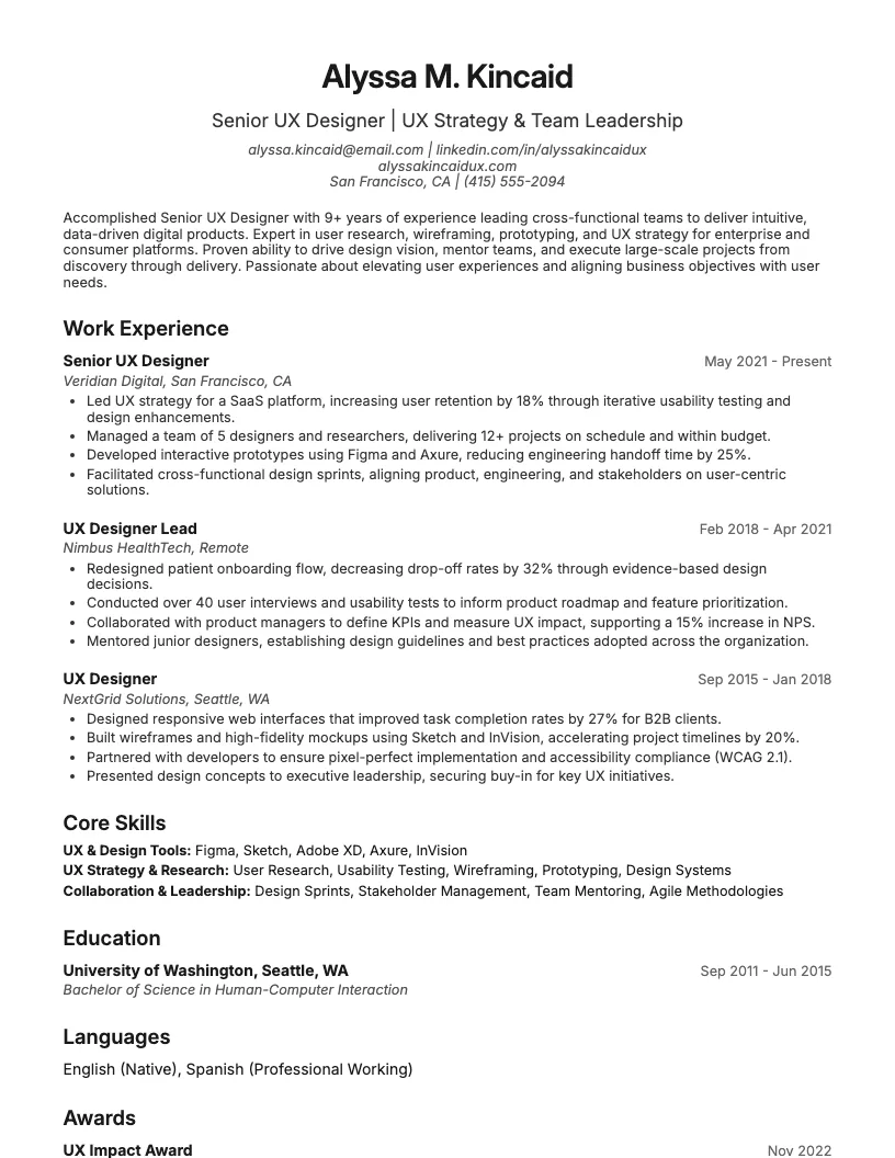 Senior UX Designer Resume Example