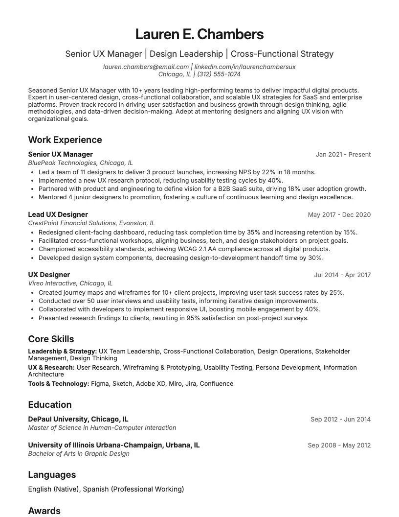 Senior Ux Manager Resume Example