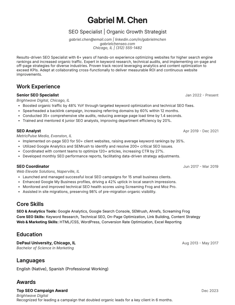 Seo Specialist Resume Example