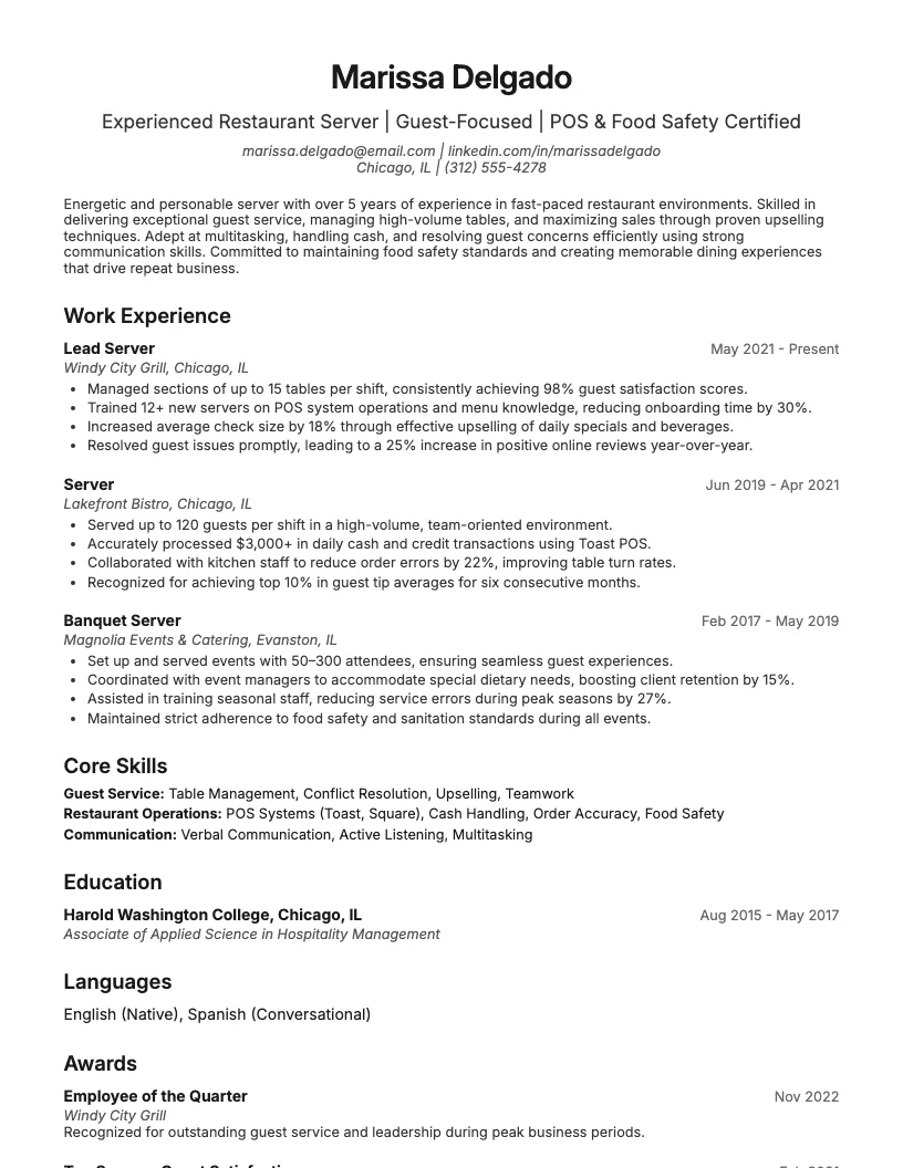 Server Resume Examples Resume Example