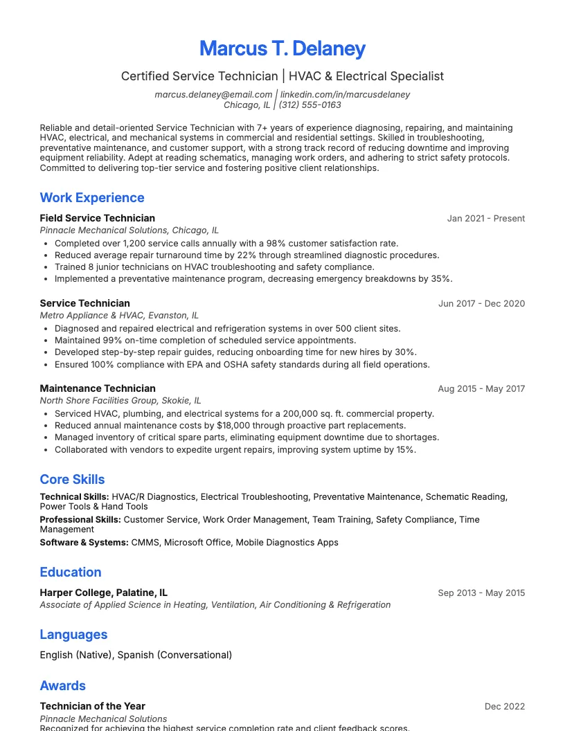 Service Technician Resume Example
