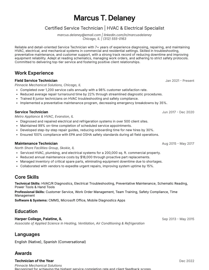 Service Technician Resume Example