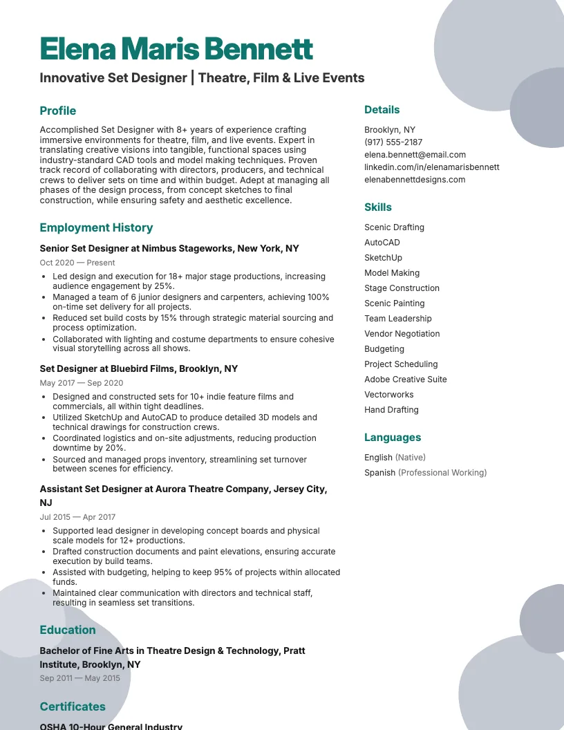Set Designer Resume Example