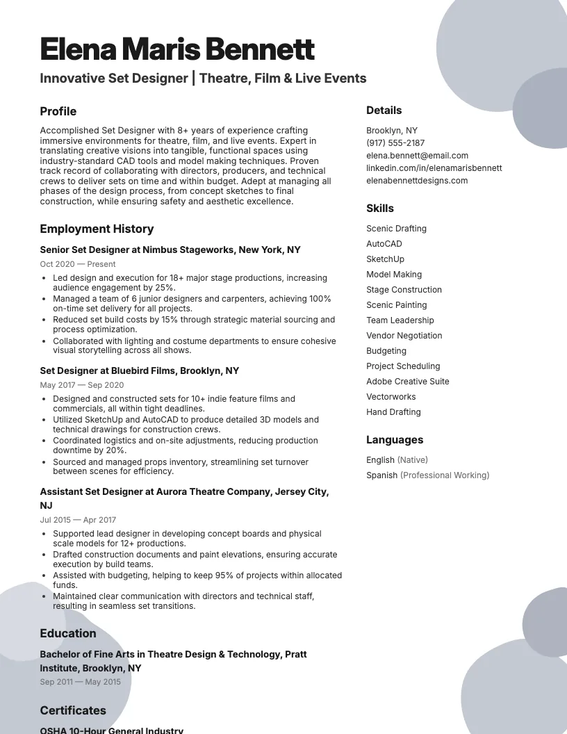 Set Designer Resume Example