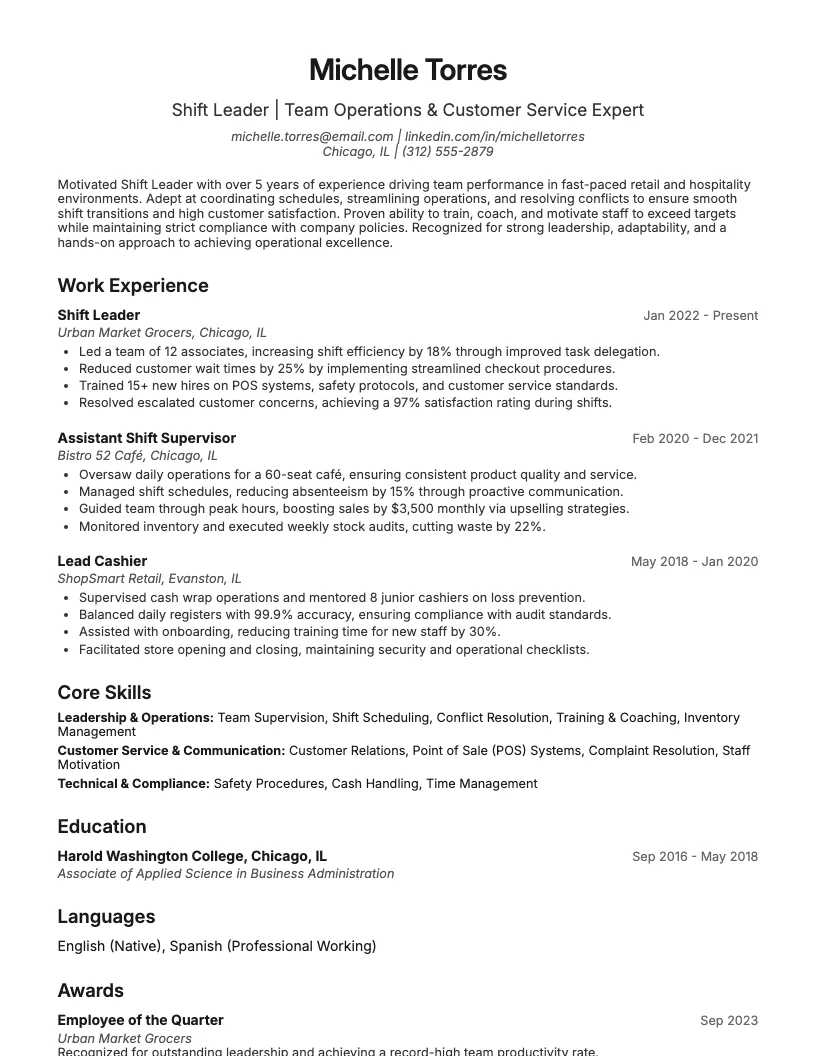Shift Leader Resume Example