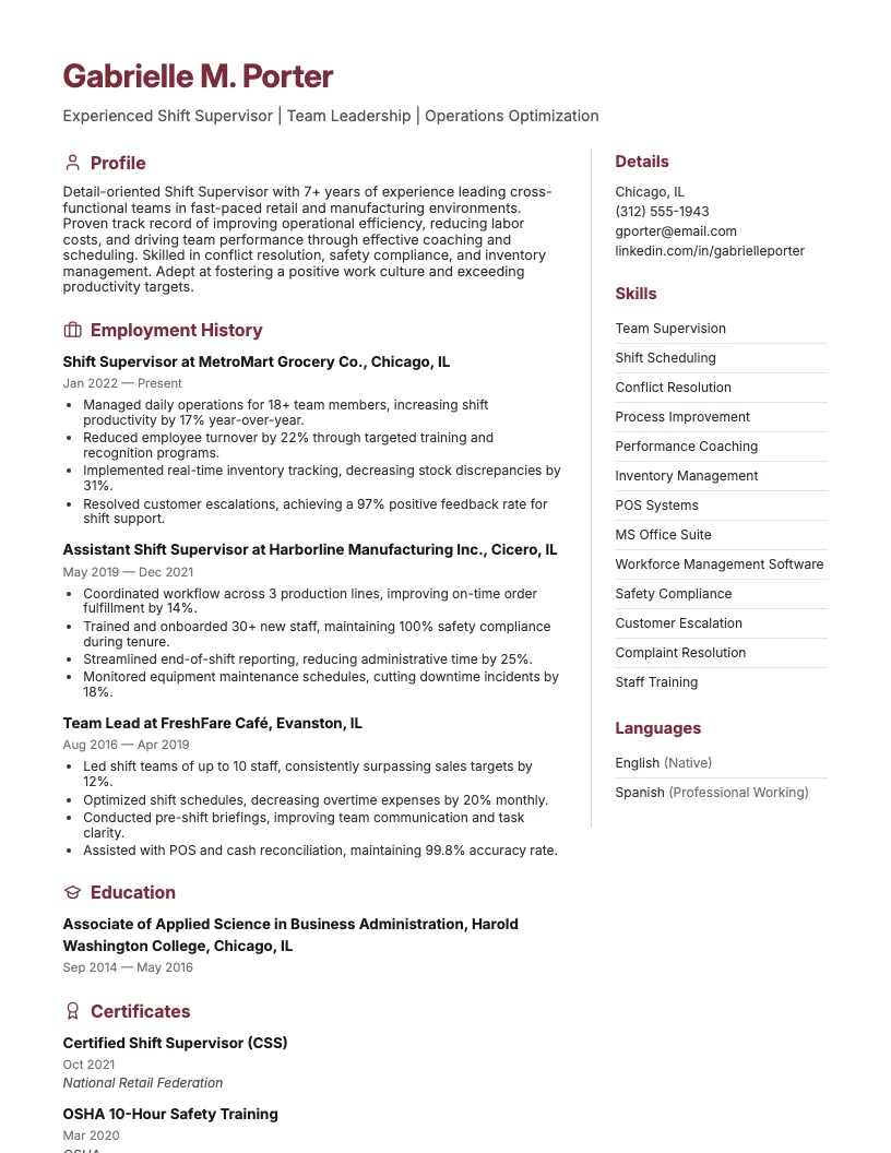 Shift Supervisor Resume Example