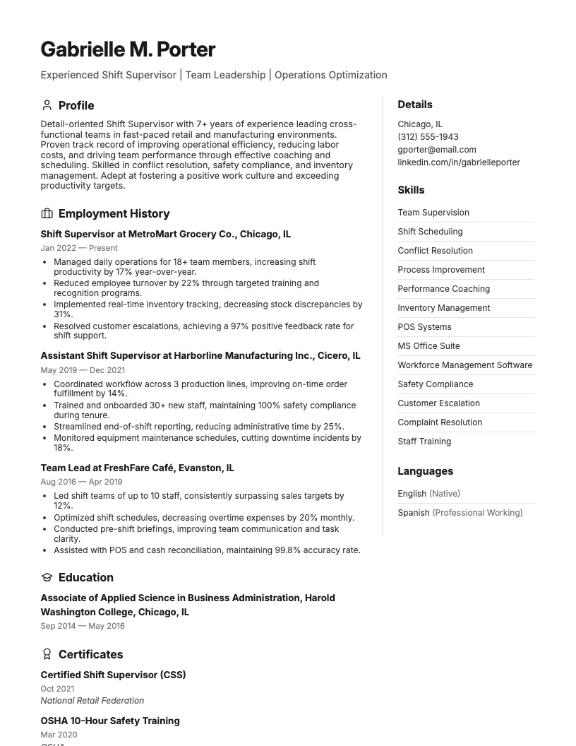 Shift Supervisor Resume Example