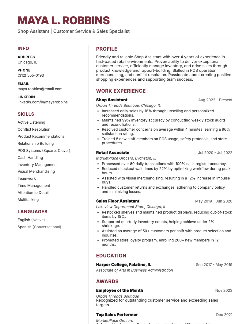 Shop Assistant Resume Example