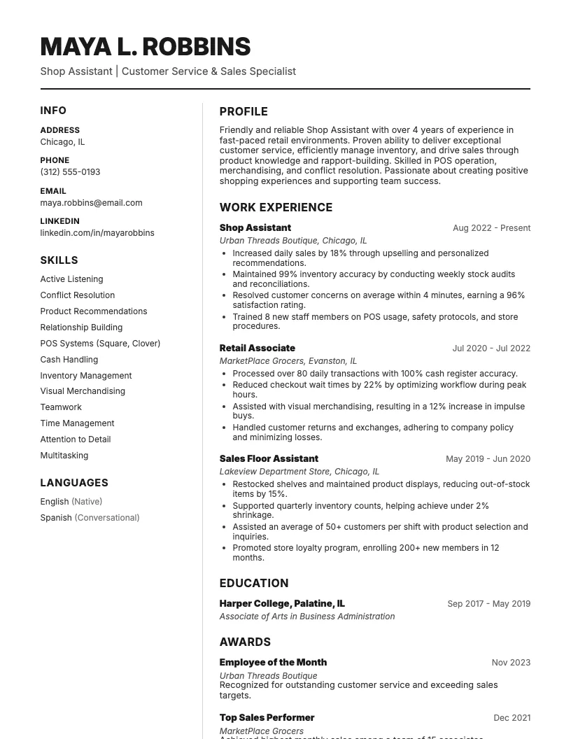 Shop Assistant Resume Example