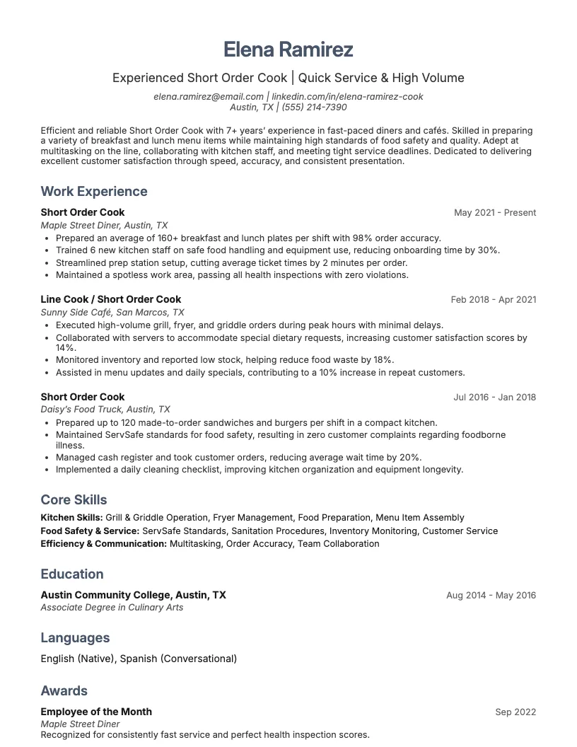 Short Order Cook Resume Example