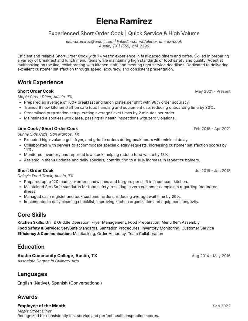 Short Order Cook Resume Example