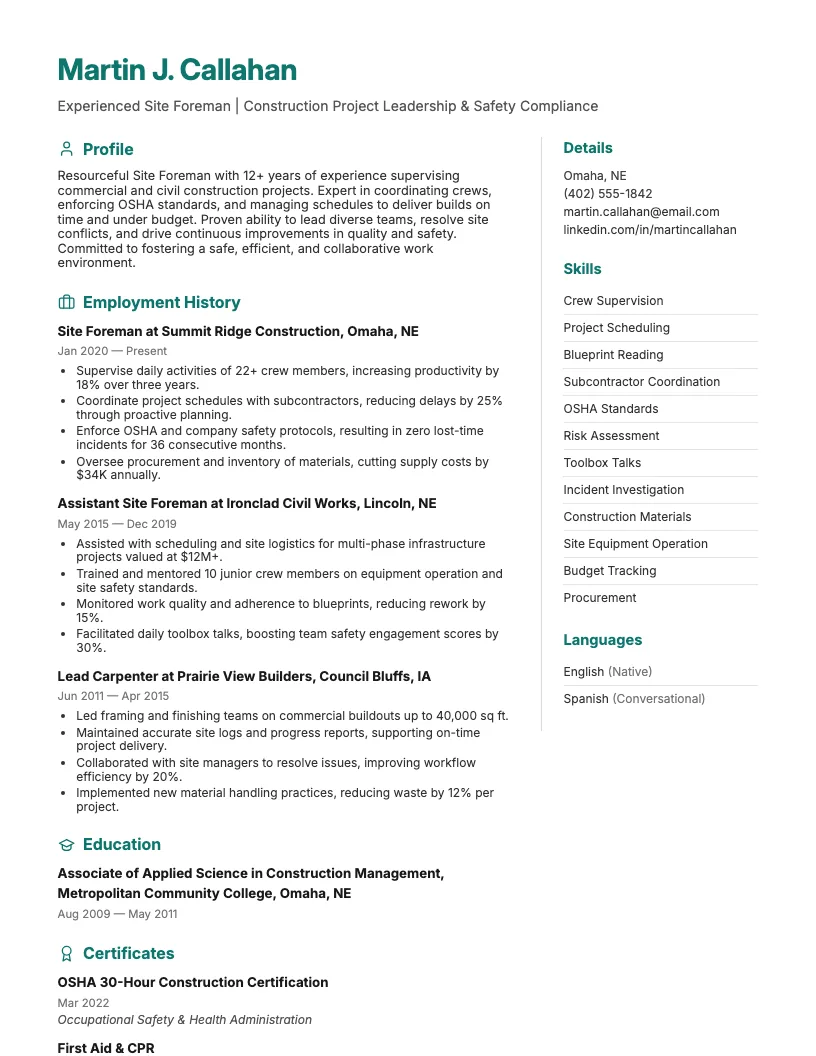 Site Foreman Resume Example