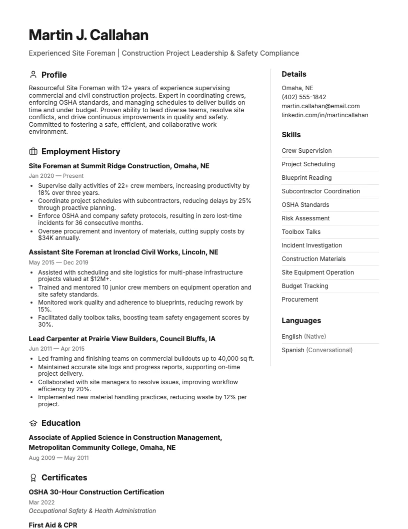 Site Foreman Resume Example
