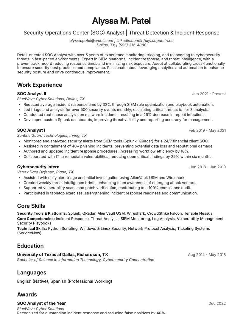 Soc Analyst Resume Example