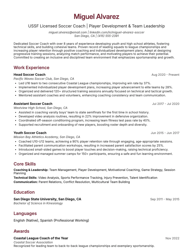 Soccer Coach Resume Example