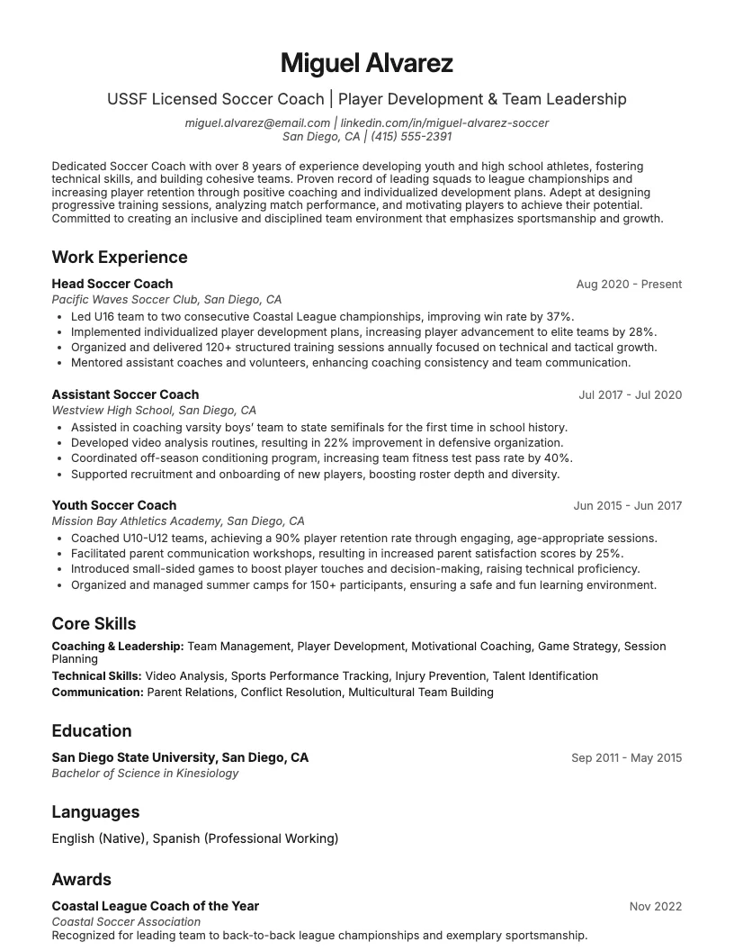 Soccer Coach Resume Example