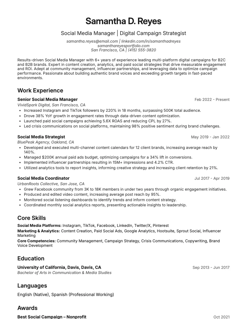 Social Media Manager Resume Example
