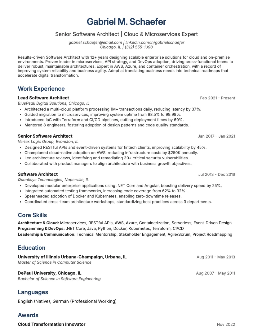 Software Architect Resume Example