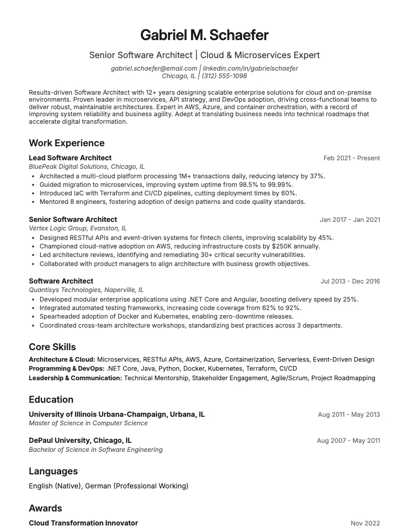 Software Architect Resume Example