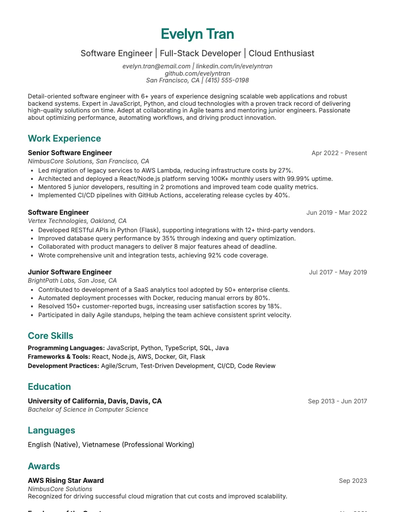 Senior Software Engineer resume example generated by ResumeJudge
