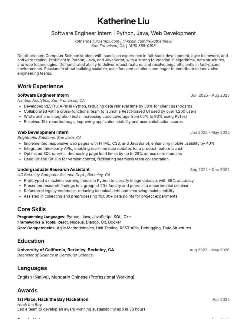Software Engineer Intern Resume Example