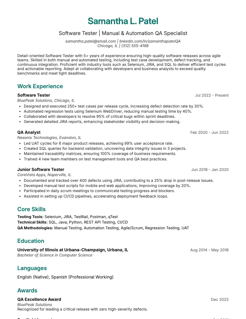 Software Tester Resume Example