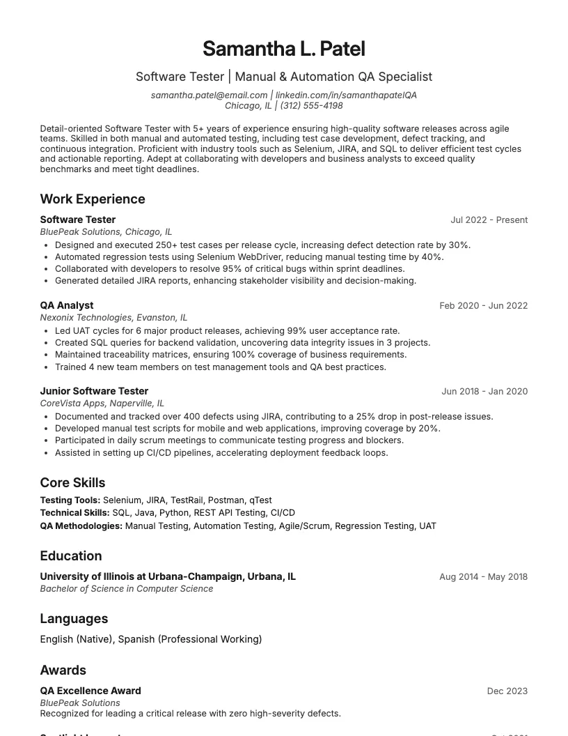 Software Tester Resume Example