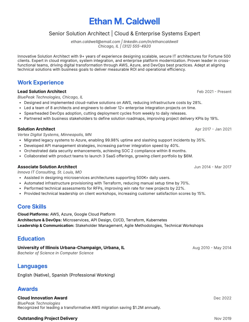 Solution Architect Resume Example