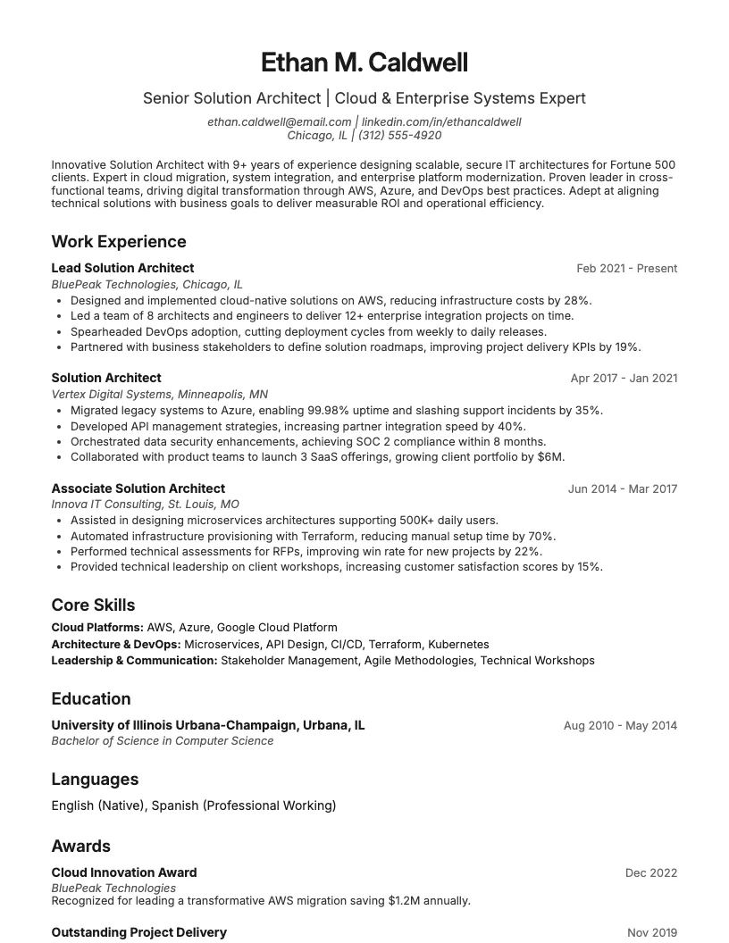 Solution Architect Resume Example