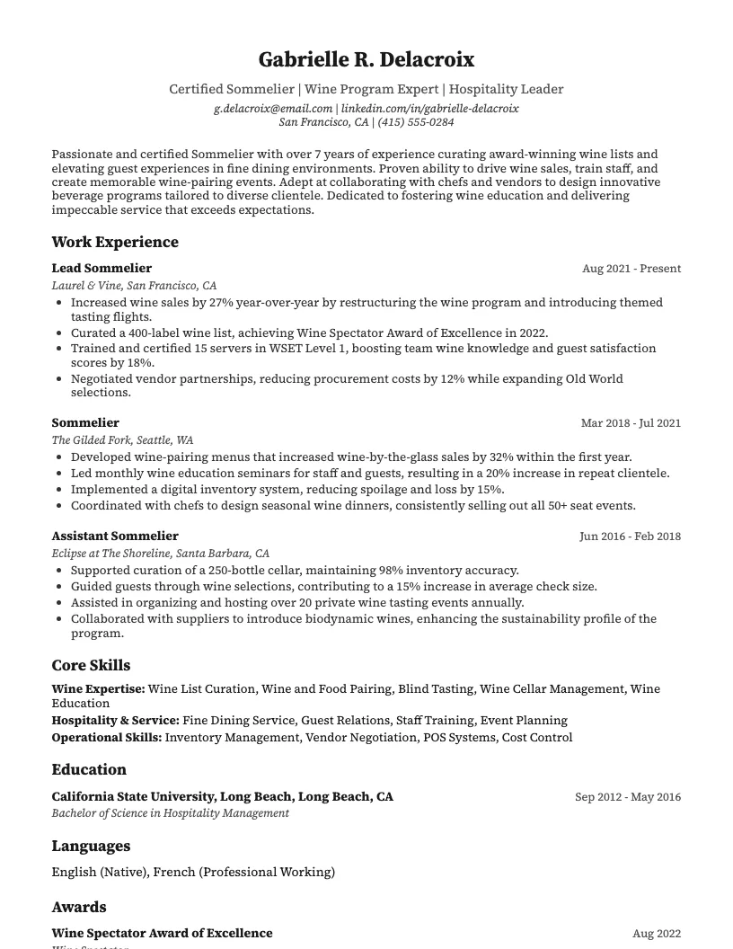 Sommelier Resume Example