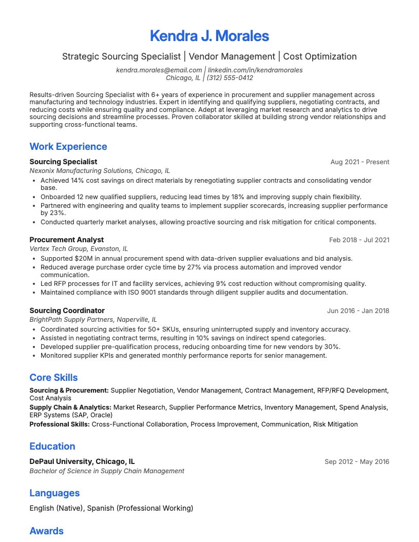Sourcing Specialist Resume Example